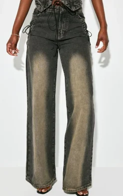 Tall Vintage Black Wash Lace Up Pocket Mid Rise Straight Leg Jeans