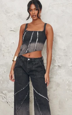 Tall Vintage Black Wash Raw Seam Detail Asymmetric Denim Corset