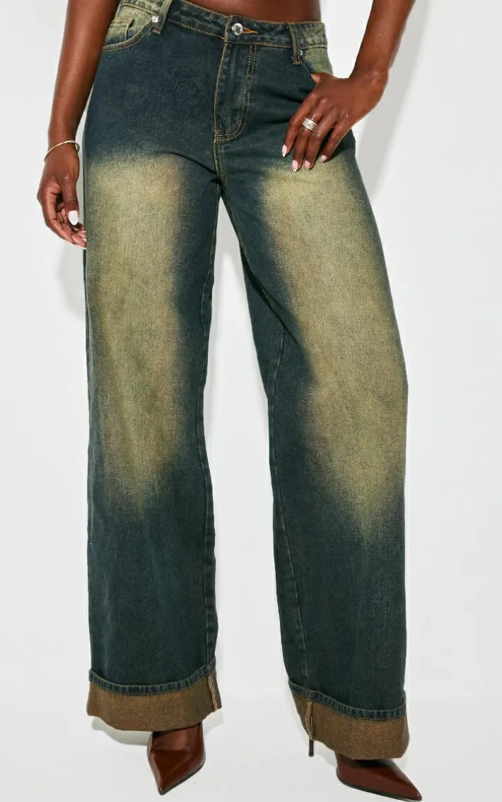 Tall Vintage Bleach Wash Low Rise Turn Up Hem Wide Leg Jeans