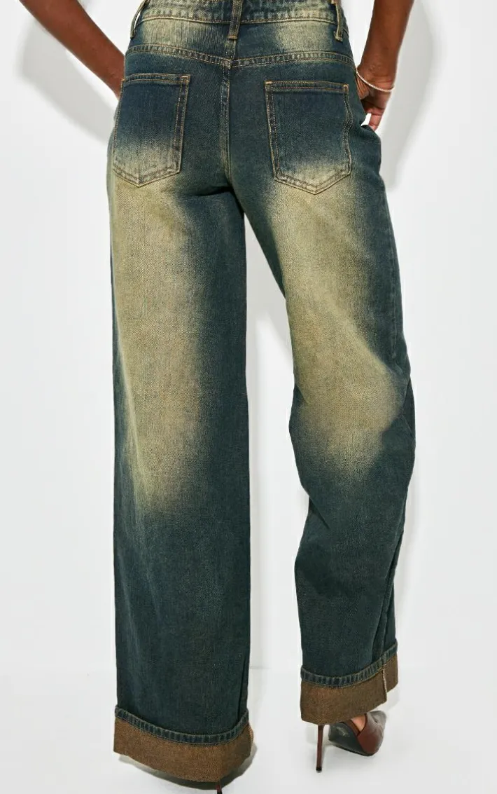 Tall Vintage Bleach Wash Low Rise Turn Up Hem Wide Leg Jeans