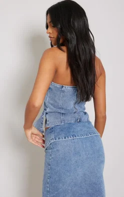 Tall Vintage Light Wash Denim Four Pocket Detail Bandeau Top