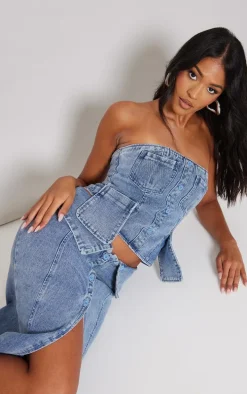 Tall Vintage Light Wash Denim Four Pocket Detail Bandeau Top