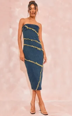 Tall Vintage Mid Wash Bandeau Denim Midi Dress