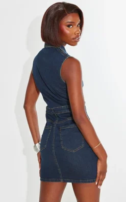 Tall Vintage Wash High Neck Zip Up Denim Mini Dress