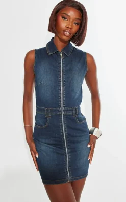Tall Vintage Wash High Neck Zip Up Denim Mini Dress