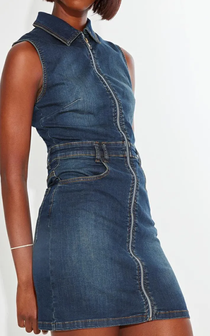 Tall Vintage Wash High Neck Zip Up Denim Mini Dress