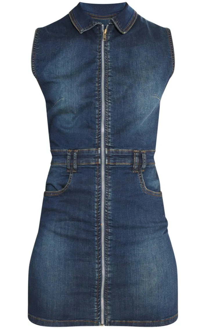 Tall Vintage Wash High Neck Zip Up Denim Mini Dress