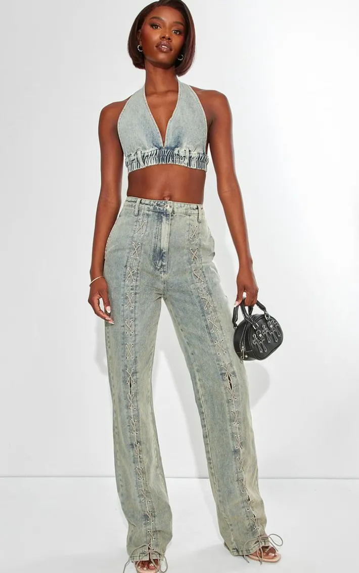 Tall Vintage Wash Lace Up Detail High Waist Straight Leg Jeans