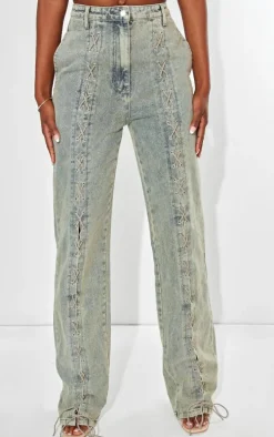 Tall Vintage Wash Lace Up Detail High Waist Straight Leg Jeans