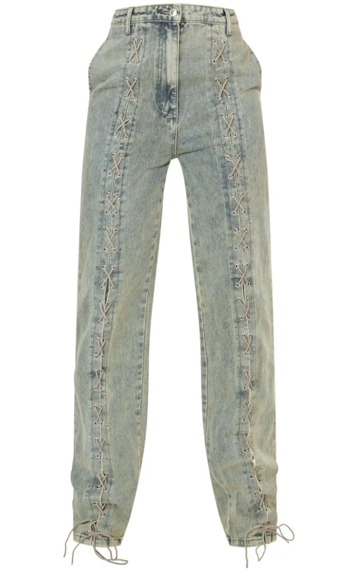 Tall Vintage Wash Lace Up Detail High Waist Straight Leg Jeans
