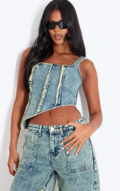 Tall Vintage Wash Raw Seam Detail Asymmetric Denim Corset