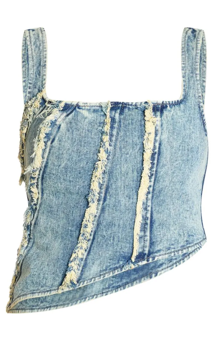 Tall Vintage Wash Raw Seam Detail Asymmetric Denim Corset