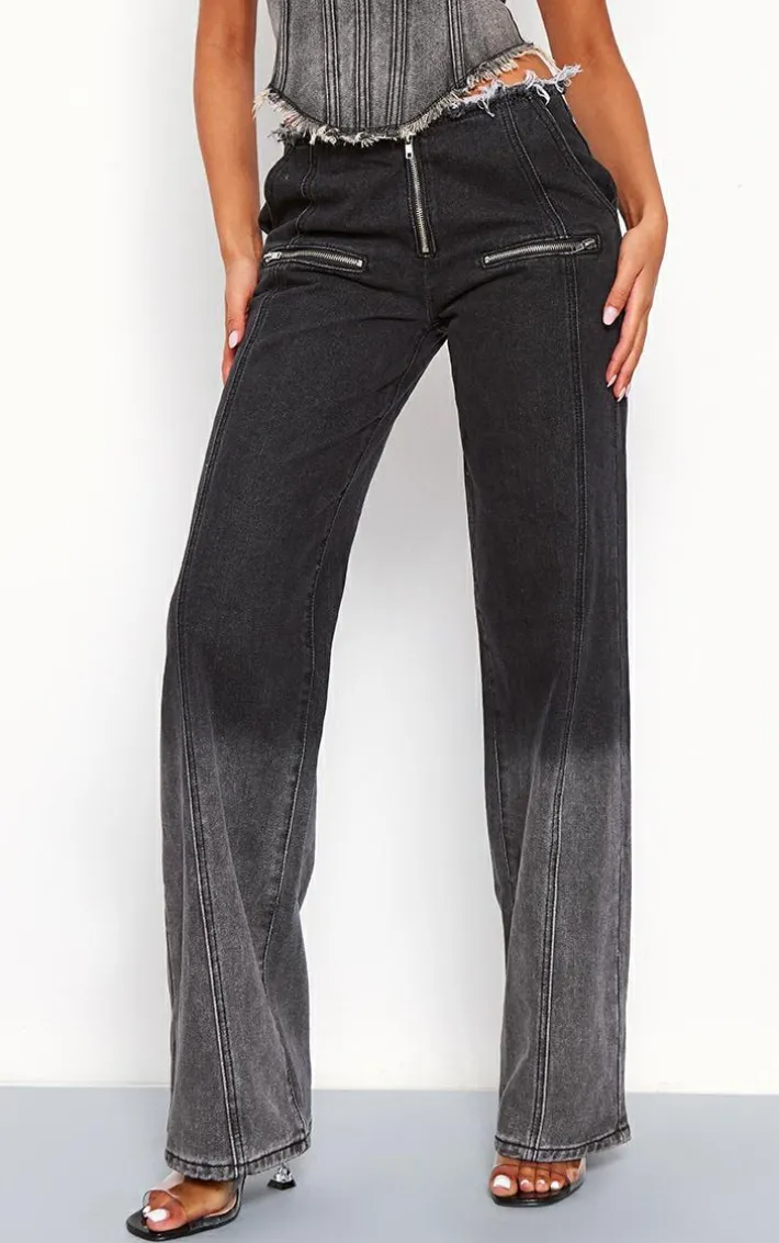 Tall Washed Black Frayed Waist Low Rise Wide Leg Jeans