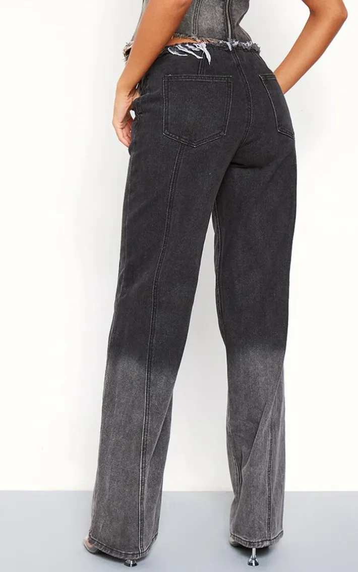 Tall Washed Black Frayed Waist Low Rise Wide Leg Jeans