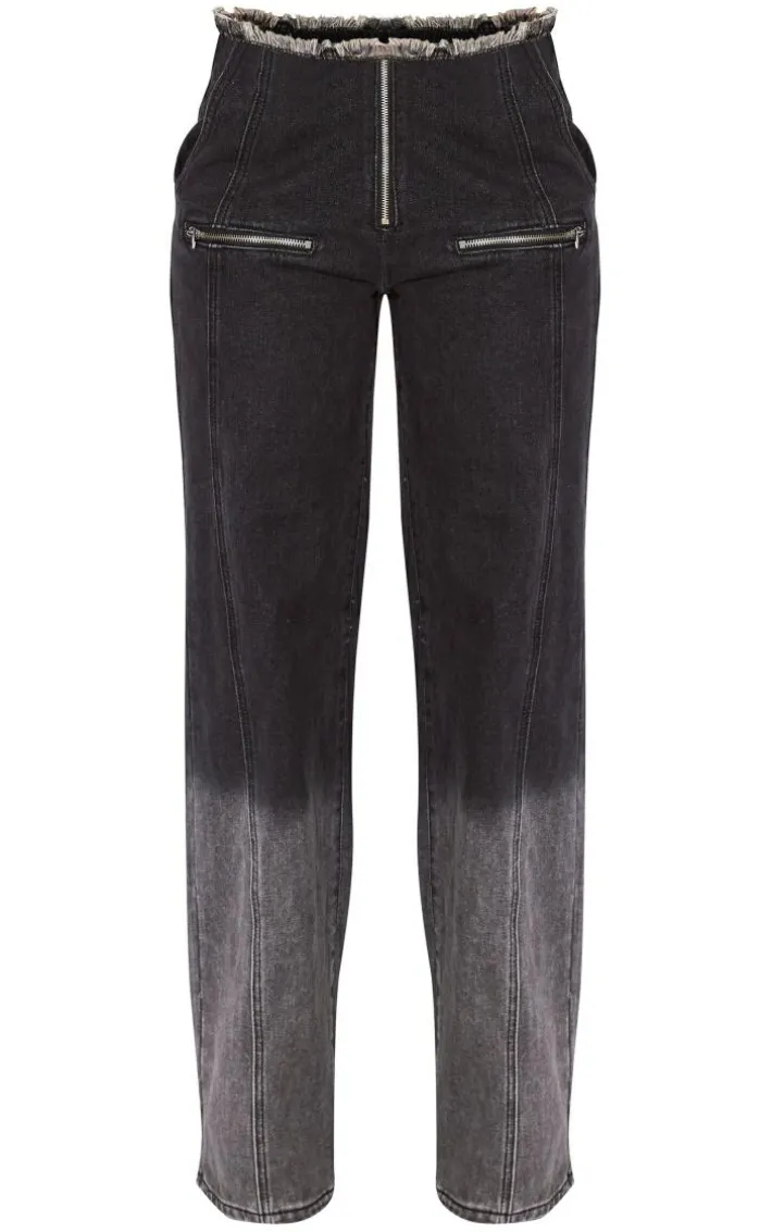 Tall Washed Black Frayed Waist Low Rise Wide Leg Jeans