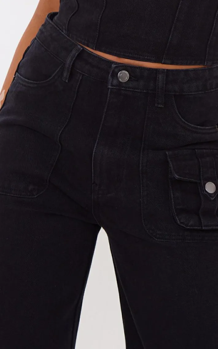 Tall Washed Black Mid Rise Cargo Jeans
