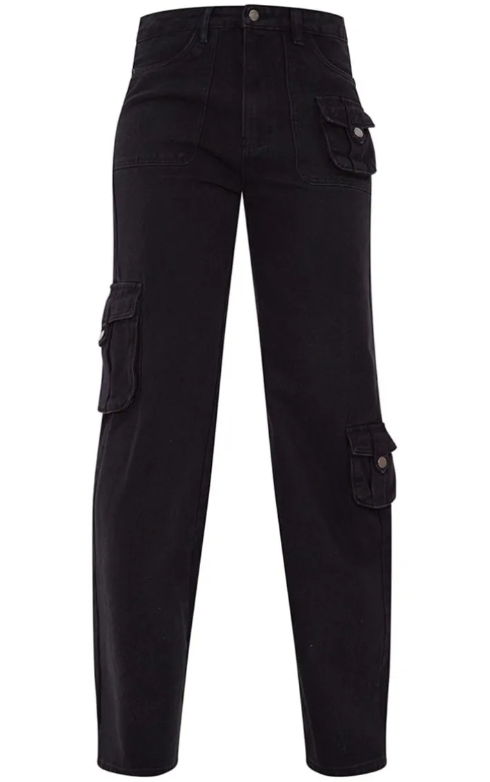 Tall Washed Black Mid Rise Cargo Jeans