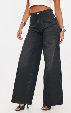 Tall Washed Black Mid Rise Extreme Wide Leg Jeans
