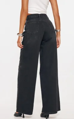 Tall Washed Black Mid Rise Extreme Wide Leg Jeans