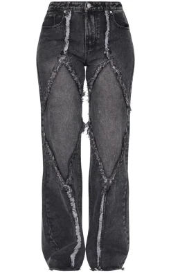 Tall Washed Black Mid Rise Raw Seam Wide Leg Jeans