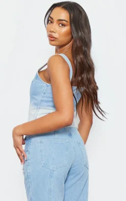 Tall Washed Blue Frayed Hem Denim Corset Top