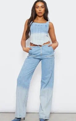 Tall Washed Blue Frayed Waist Low Rise Wide Leg Jeans