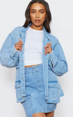 Tall Washed Blue Pocket Detail Oversized Denim Jacket