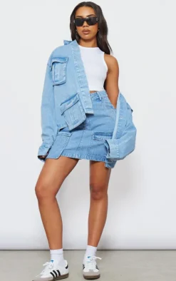 Tall Washed Blue Pocket Detail Denim Mini Skirt