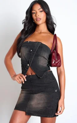 Tall Washed Brown Band Detail Bandeau Denim Crop Top