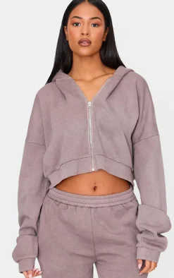 Tall Washed Brown Crop Boxy Zip Through Hoodie