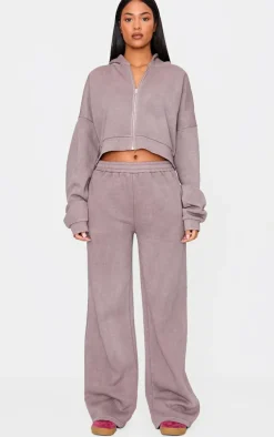 Tall Washed Brown Crop Boxy Zip Through Hoodie