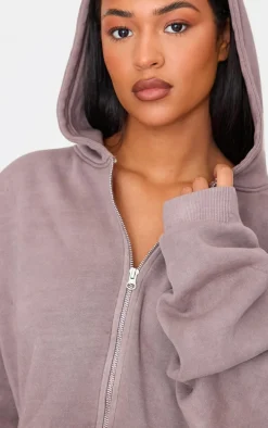 Tall Washed Brown Crop Boxy Zip Through Hoodie