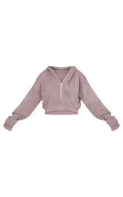 Tall Washed Brown Crop Boxy Zip Through Hoodie