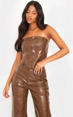Tall Washed Brown Faux Leather Corset Top