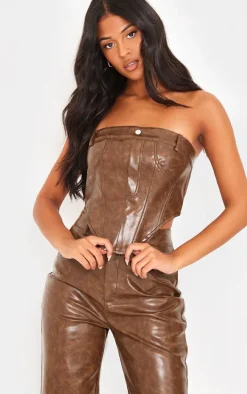 Tall Washed Brown Faux Leather Corset Top