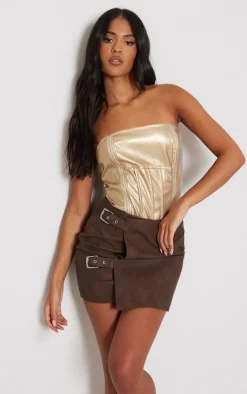 Tall Washed Brown Faux Leather Buckle Detail Mini Skirt