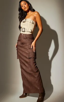 Tall Washed Brown Faux Leather Pocket Detail Maxi Skirt