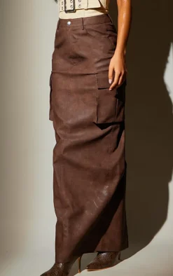 Tall Washed Brown Faux Leather Pocket Detail Maxi Skirt