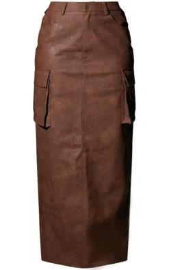 Tall Washed Brown Faux Leather Pocket Detail Maxi Skirt