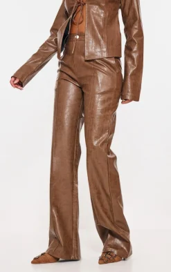 Tall Washed Brown Faux Leather Open Seam Straight Leg Pants
