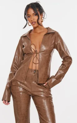 Tall Washed Brown Faux Leather Tie Front Long Sleeve Top