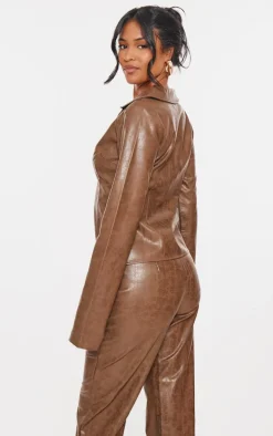 Tall Washed Brown Faux Leather Tie Front Long Sleeve Top