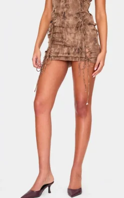 Tall Washed Brown Lace Up Side Mini Skirt