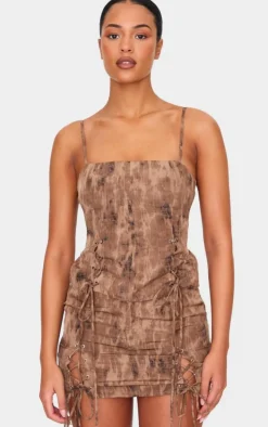 Tall Washed Brown Lace Up Side Open Back Strappy Top