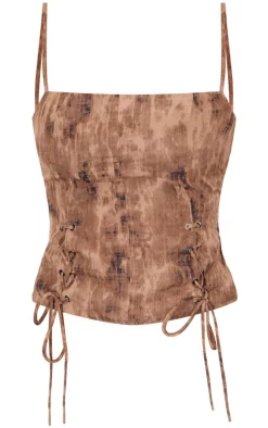 Tall Washed Brown Lace Up Side Open Back Strappy Top