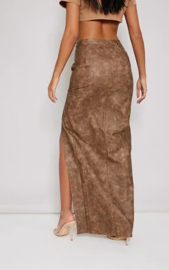 Tall Washed Brown Pu Buckle Detail Split Maxi Skirt
