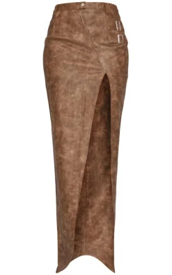 Tall Washed Brown Pu Buckle Detail Split Maxi Skirt