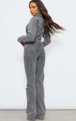 Tall Washed Charcoal Denim Cut Out Jumpsuit