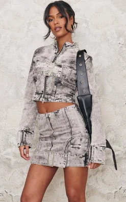 Tall Washed Grey Belt Detail Denim Mini Skirt