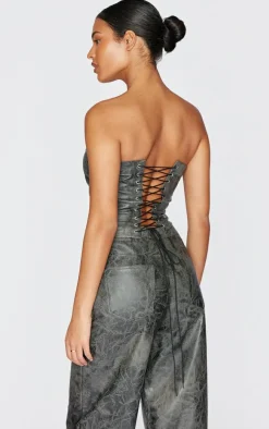Tall Washed Grey Faux Leather Lace Up Detail Corset Top